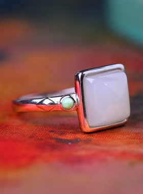 S925银镀18K金镶和田玉白玉方形女宫廷复古戒指戒圈汉服配饰指环