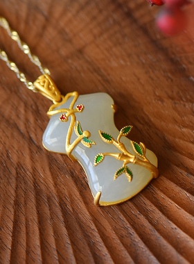 S925银镀18K金镶和田白玉旗袍珐琅宫廷复古吊坠汉服配饰玉坠项链