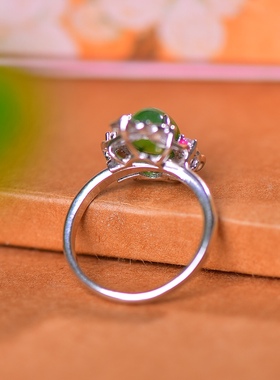 S925银镀18K金镶和田玉碧玉蛋面女宫廷复古戒指戒圈汉服配饰指环