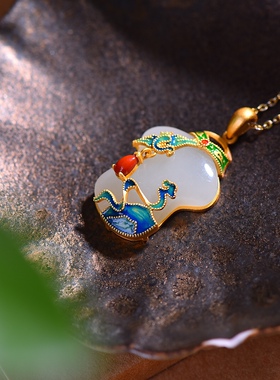 S925银镀18K金镶和田玉白玉旗袍女宫廷复古吊坠汉服配饰玉坠项链