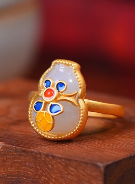 S925银镀18K金镶和田玉白玉葫芦女宫廷复古戒指戒圈汉服配饰指环