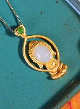 S925银镀18K金镶和田玉宝宝佛珐琅宫廷复古吊坠汉服配饰玉坠项链