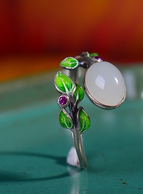 S925银镀18K金镶和田玉白玉蛋面女宫廷复古戒指戒圈汉服配饰指环