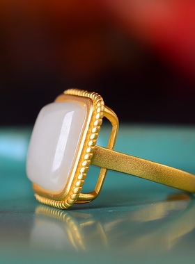 S925银镀18K金镶和田玉白玉方形女宫廷复古戒指戒圈汉服配饰指环