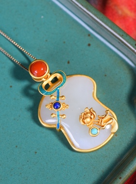 S925银镀18K金镶和田白玉旗袍珐琅宫廷复古吊坠汉服配饰玉坠项链