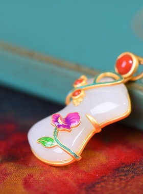 S925银镀18K金镶和田白玉旗袍珐琅宫廷复古吊坠汉服配饰玉坠项链