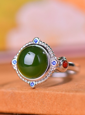 S925银镀18K金镶和田玉碧玉鼓面女宫廷复古戒指戒圈汉服配饰指环