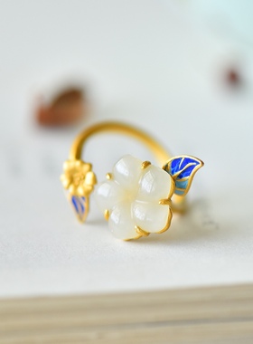 S925银镀18K金镶和田玉白玉梅花女宫廷复古戒指戒圈汉服配饰指环