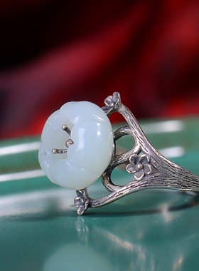 S925银镀18K金镶和田玉白玉荷花女宫廷复古戒指戒圈汉服配饰指环