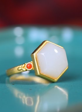 S925银镀18K金镶和田玉白玉六棱宫廷复古女戒指戒圈汉服配饰指环