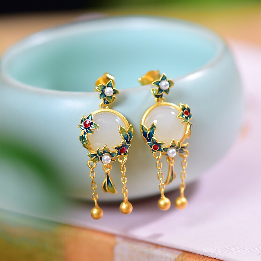 S925 silver plated 18K gold inlaid Hetian white jade egg-faced Hanfu accessories retro suit pendant ring earrings set