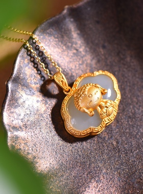S925银镀18K金镶和田玉如意锁宝宝佛女复古吊坠汉服配饰玉坠项链