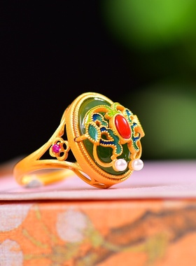 S925银镀18K金镶和田玉碧玉蛋面女宫廷复古戒指戒圈汉服配饰指环