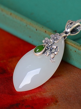 S925银镀18K金镶和田白玉柳叶珐琅宫廷复古吊坠汉服配饰玉坠项链