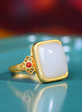 S925银镀18K金镶和田玉白玉方形女宫廷复古戒指戒圈汉服配饰指环