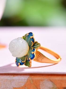 S925银镀18K金镶和田玉白玉莲蓬女宫廷复古戒指戒圈汉服配饰指环