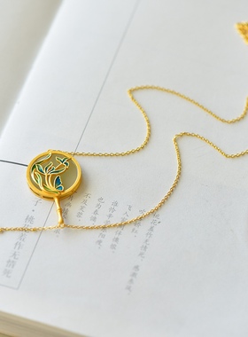 S925银镀18K金镶和田白玉团扇珐琅宫廷复古吊坠汉服配饰玉坠项链