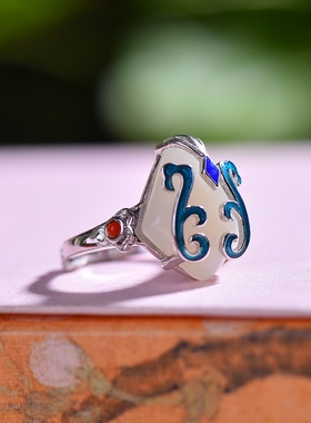 S925银镀18K金镶和田玉白玉菱形女宫廷复古戒指戒圈汉服配饰指环