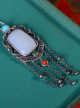 S925银镀18K金镶和田白玉梯形珐琅宫廷复古吊坠汉服配饰玉坠项链