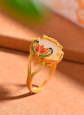 S925银镀18K金镶和田玉白玉莲花女宫廷复古戒指戒圈汉服配饰指环