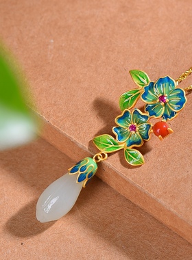 S925银镀18K金镶和田玉白玉玉兰花宫廷复古吊坠汉服配饰玉坠项链