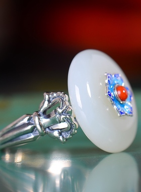 S925银镀18K金镶和田玉白玉平安扣宫廷复古戒指戒圈汉服配饰指环