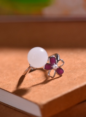 S925银镀18K金镶和田玉白玉圆珠女宫廷复古戒指戒圈汉服配饰指环