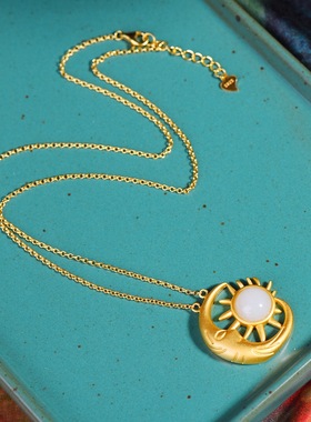 S925银镀18K金镶和田白玉蛋面珐琅宫廷复古吊坠汉服配饰玉坠项链