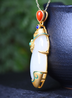 S925银镀18K金镶和田白玉旗袍珐琅宫廷复古吊坠汉服配饰玉坠项链