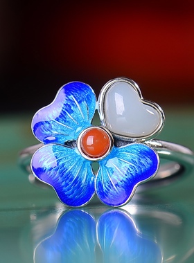 S925银镀18K金镶和田玉白玉心形女宫廷复古戒指戒圈汉服配饰指环