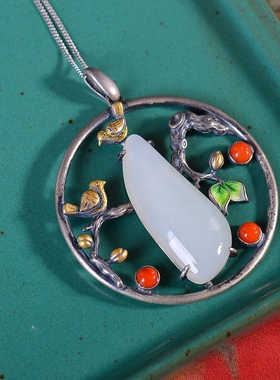 S925银镀18K金镶和田白玉柳叶珐琅宫廷复古吊坠汉服配饰玉坠项链