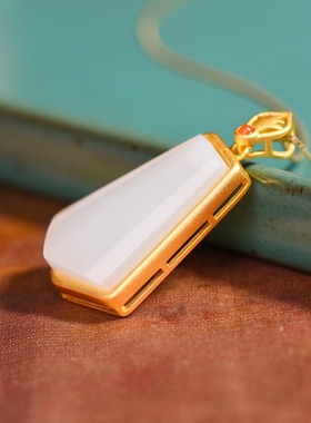 S925银镀18K金镶和田白玉梯形珐琅宫廷复古吊坠汉服配饰玉坠项链