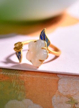 S925银镀18K金镶和田玉白玉梅花女宫廷复古戒指戒圈汉服配饰指环