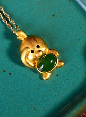 S925银镀18K金镶和田碧玉企鹅珐琅宫廷复古吊坠汉服配饰玉坠项链