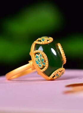 S925银镀18K金镶和田玉碧玉蛋面女宫廷复古戒指戒圈汉服配饰指环