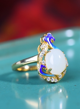 S925银镀18K金镶和田玉白玉蛋面女宫廷复古戒指戒圈汉服配饰指环