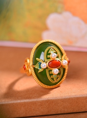 S925银镀18K金镶和田玉碧玉蛋面女宫廷复古戒指戒圈汉服配饰指环