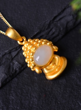 S925银镀18K金镶和田玉宝宝佛珐琅宫廷复古吊坠汉服配饰玉坠项链