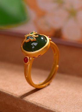 S925银镀18K金镶和田玉碧玉蛋面女宫廷复古戒指戒圈汉服配饰指环