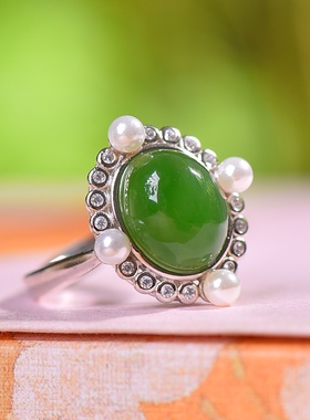 S925银镀18K金镶和田玉碧玉蛋面女宫廷复古戒指戒圈汉服配饰指环