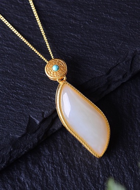 S925银镀18K金镶和田玉白玉柳叶女宫廷复古吊坠汉服配饰玉坠项链