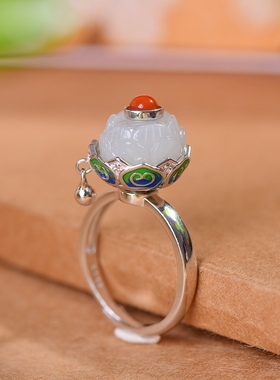 S925银镀18K金镶和田玉白玉莲蓬女宫廷复古戒指戒圈汉服配饰指环