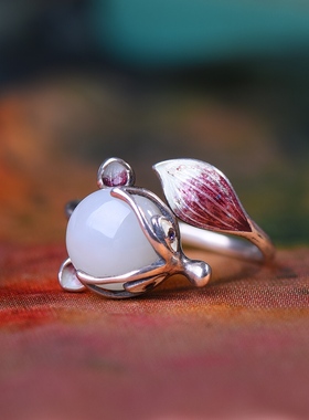 S925银镀18K金镶和田玉白玉狐狸女宫廷复古戒指戒圈汉服配饰指环