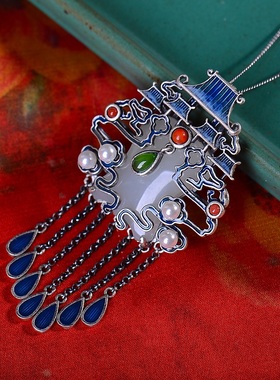 S925银镀18K金镶和田白玉盾牌珐琅宫廷复古吊坠汉服配饰玉坠项链