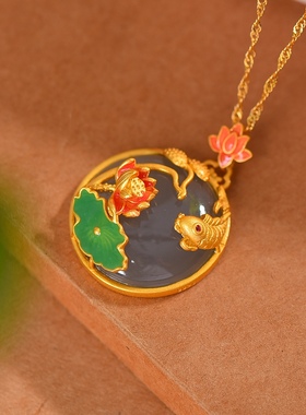 S925银镀18K金镶和田玉鼓面金鱼女宫廷复古吊坠汉服配饰玉坠项链