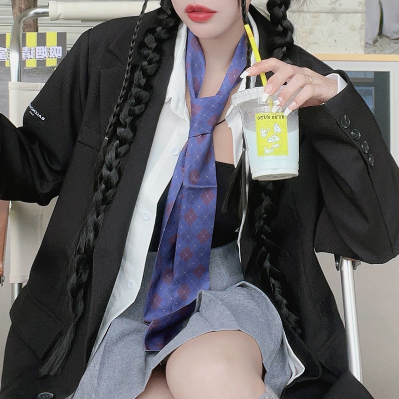 尤嘻岛美式学院风蓝色格子jk衬衫领带女丝巾复古搭配西服长领巾男,淘宝优惠券,粉丝福利购,淘宝优惠卷