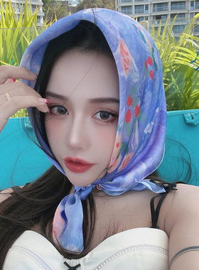 海边度假防晒蓝色方巾丝巾女头巾