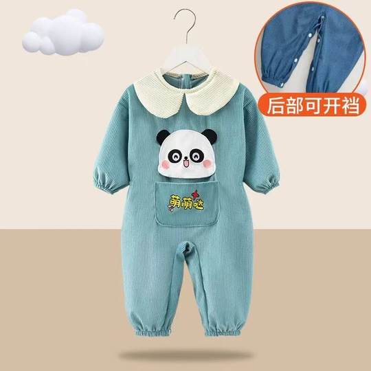 宝宝灯芯绒透气连体衣小孩外穿一体式围裙爬爬衣户外爬行开档罩衣