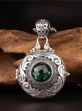 纯银镂空可打开熏香丸球绿水晶嘎乌盒空心胎毛项链吊坠噶乌女