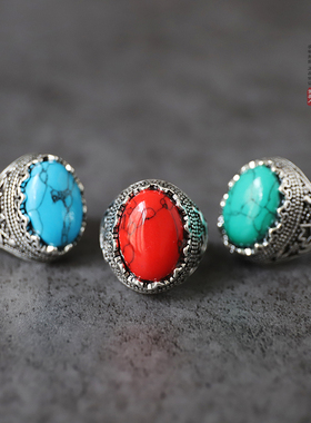 民族风蒙古元素男款戒指复古男戒蒙古戒指藏族戒指霸气宝石